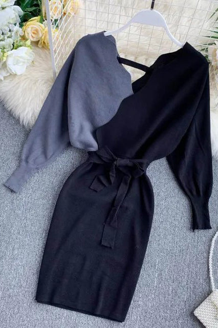 Elegant Sashes V Neck Knit Dress Backless Long Sleeve Sweater Dress