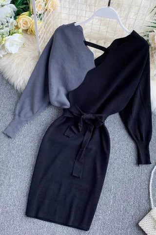 Elegant Sashes V Neck Knit Dress Backless Long Sleeve Sweater Dress