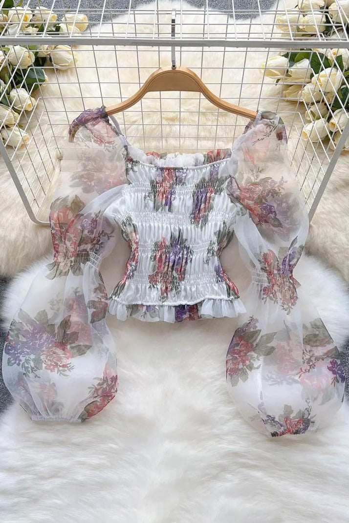 Romantic Flower Print Blouses Elegant Mesh Puff Sleeve Slim Elastic Ruched Waist Female Short Shirts Tops