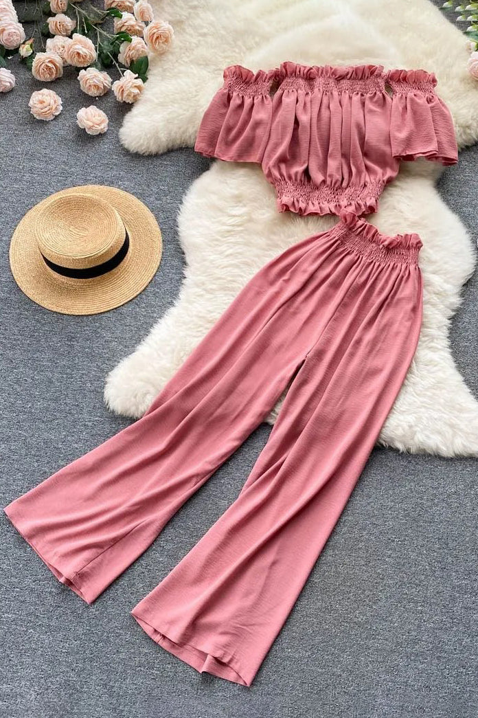 Beach Two Piece Set Off Shoulder Slim Waist Crop Tops + Casual Loose Wide Leg Pants Lady Holiday Suits