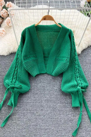 Lantern Sleeve Lace-up Knit Sweater Tops