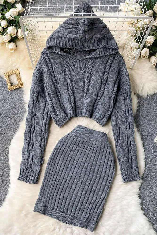 Set Hooded Sweaters Tops + Skinny High Waist Mini Skirts Two PCS Suits
