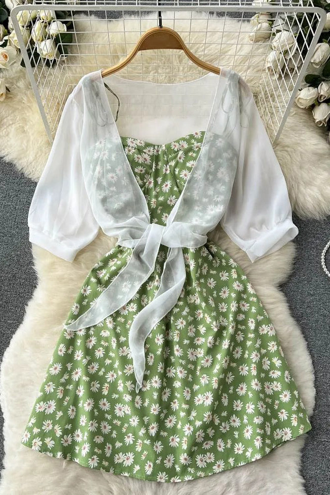 Daisy Flower Print Two Piece Set Strap Vacation Short Dress and Shawl