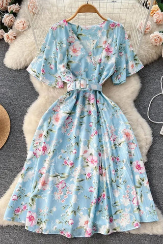 Romantic Floral Print Chiffon Dress With Belt Party Dress