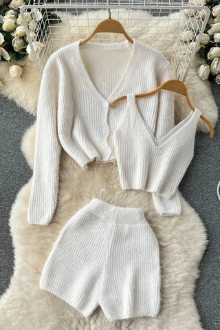 Three Piece Shorts Sets Crop Tops + Cardigans + Shorts Female Knitted Suit Three-Piece