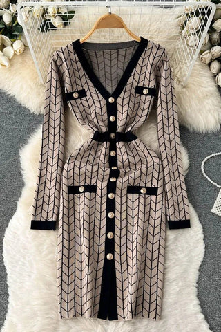 V-neck Buttons Split Knitted Sweater Dress