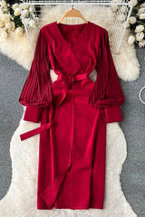 Elegant V-neck Sash Bandage Dress Lantern Sleeve Front Split Bodycon Party Dress