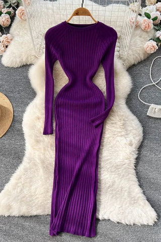 Long Sleeve Knitted Dress O Neck Slim Elastic Oversized Bodycon Sweater Dress