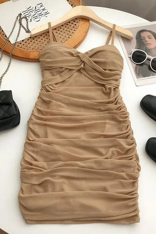 Mesh Bodycon Party Dress Knot High Waist Strap Ruched Vest Dress