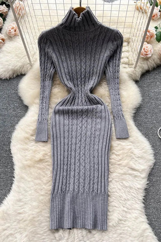 Turtleneck Twist Knitted Bodycon Dress Wrap Hips Dress