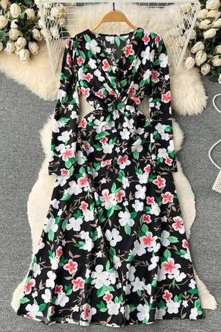 Floral Print Full Sleeve Long Dress Elegant High Waist A-line Party Dress