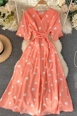 Romantic Heart Print Dress V Neck High Waist Long Bandage Dress Ladies Party Dresses