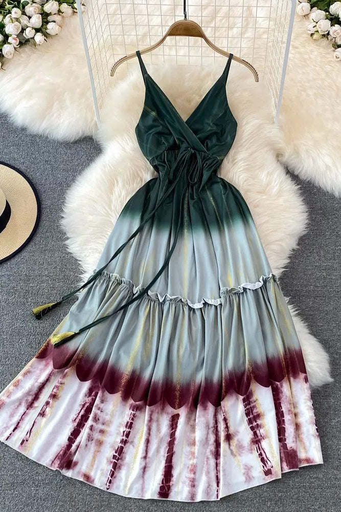 Tie Dye Print Long Dress Elegant High Waist Backless Straps Beach Dress