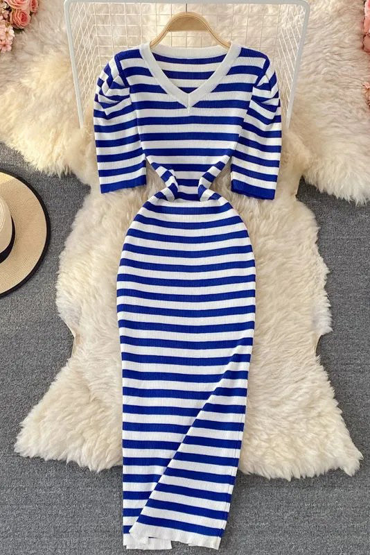 Elegant Puff Sleeve Stripes Knitted Long Dress Lady Package Hips Bodycon Dress