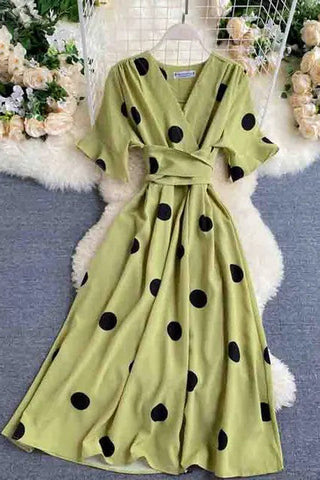 Big Polka Dot Print V Neck Bandage Dress Casual Midi Party Dress Elegant Big Swing Dress