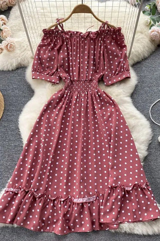 Polka Dot Casual Off Shoulder Sling Straps Elastic Corset Ruffles Hem Party Dress