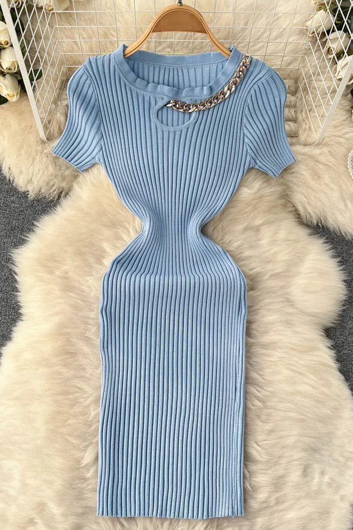 Hollow Out Elastic Mini Dress Chains O-neck Knitted Dress