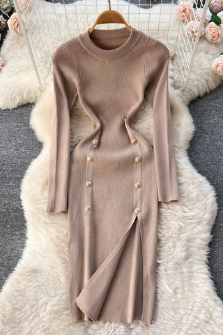 Elegant Double-breasted Split Knitted Wrap Hips Bodycon Dress