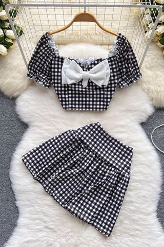 Set Sweet Bow Plaid Crop Tops + Slim High Waist Mini Skirts Two Piece Suits