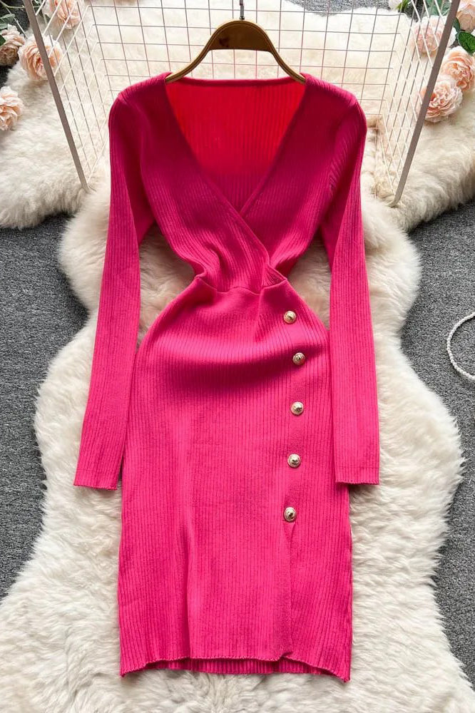 Lady V-neck Buttons Split Elegant Dress for Long Sleeve Knitted Sweater Dress