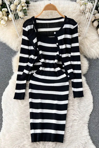 Elegant Sets Knitted Cardigans + Slim Spaghetti Strap Dress Lady Two Piece Suits