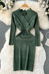 Cross V-neck Elegant Knit Sweater Dress Elastic Waist Long Sleeve Ladies Dress