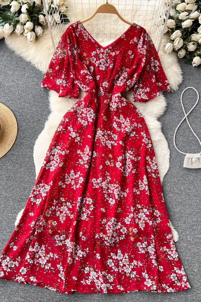 Romantic Floral Print Long Chiffon Dress