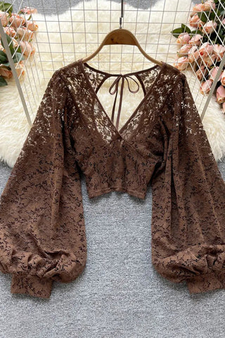 Backless Lace Shirt Hollow Out Transparent Short Blouse Elegant Crop Tops