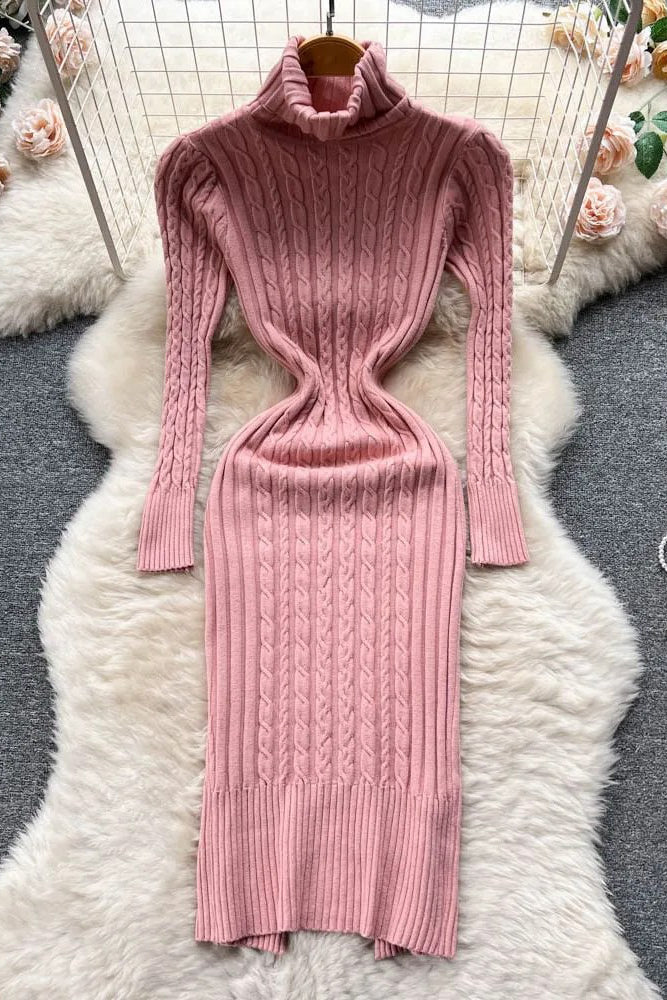 Turtleneck Twist Knitted Bodycon Dress Wrap Hips Dress