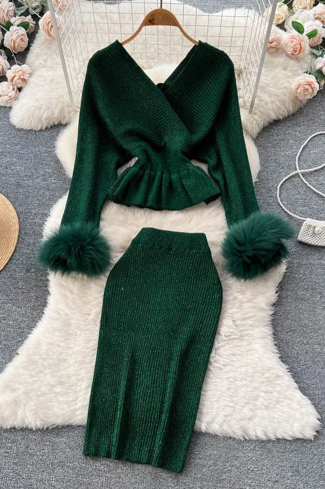 Set Elegant Shining Knitted Ruffled Sweater and Skinny High Waist Skirts Two Piece Suits