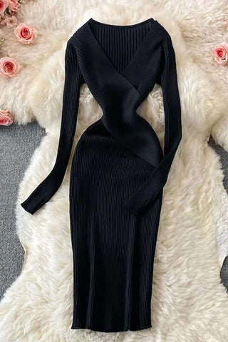 Elegant Cross V-neck Slim Waist Knitted Bodycon Dress