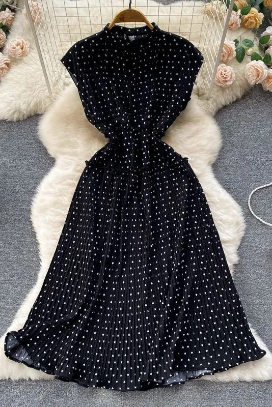 Elegantes ärmelloses, langes Plisseekleid mit Polka Dot-Print und hoher Taille