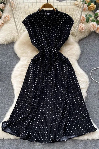 Elegant Polka Dot Print Sleeveless High Waist Long Pleated Dress