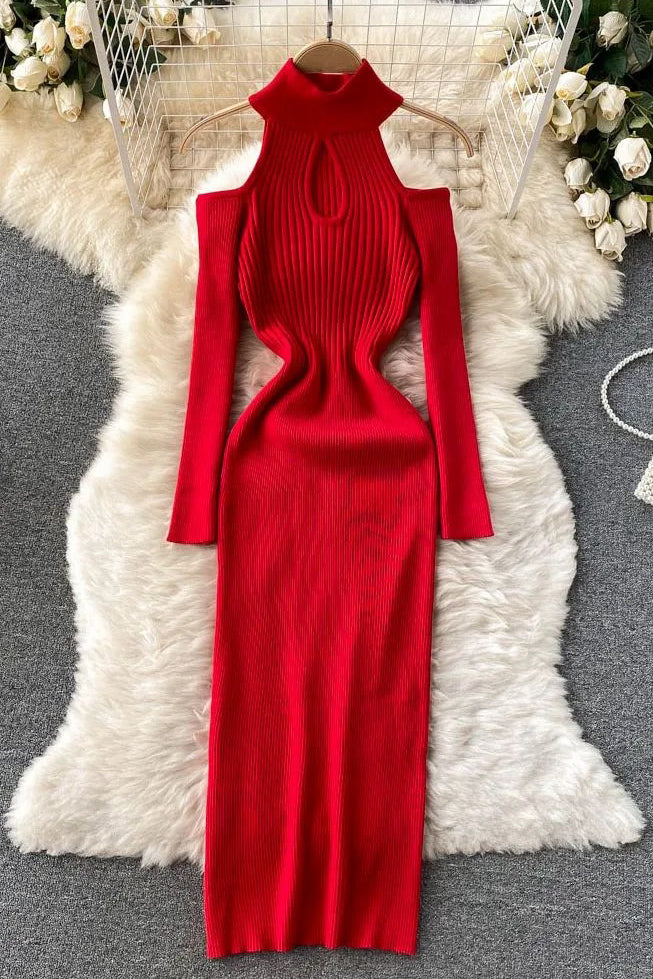 Off Shoulders Long Sleeve Bodycon Knitted Sweater Dress
