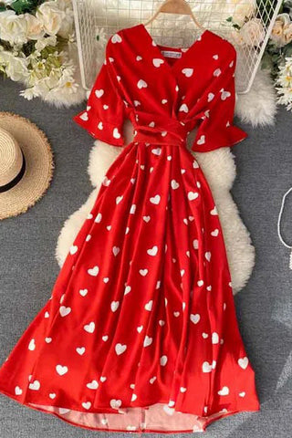 Romantic Heart Print Dress V Neck High Waist Long Bandage Dress Ladies Party Dresses