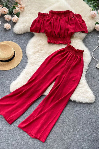 Beach Two Piece Set Off Shoulder Slim Waist Crop Tops + Casual Loose Wide Leg Pants Lady Holiday Suits