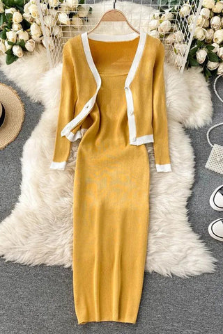 Two Piece Suits Long Sleeve Knitted Cardigans And Slim Elastic Spaghetti Strap Dress Elegant Office Sets