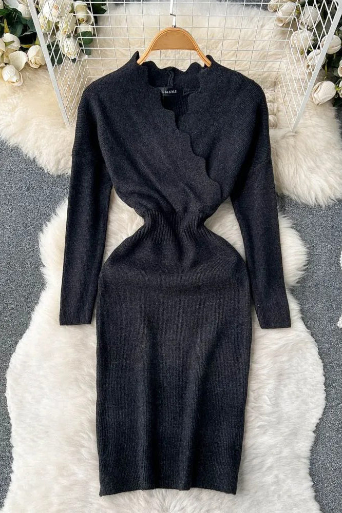 Cross V-neck Elegant Knit Sweater Dress Elastic Waist Long Sleeve Ladies Dress