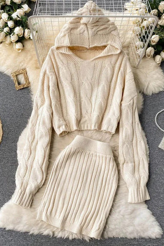 Set Hooded Sweaters Tops + Skinny High Waist Mini Skirts Two PCS Suits