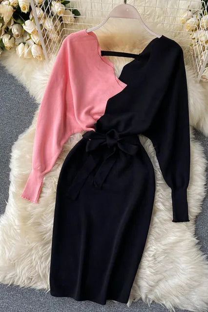 Elegant Sashes V Neck Knit Dress Backless Long Sleeve Sweater Dress