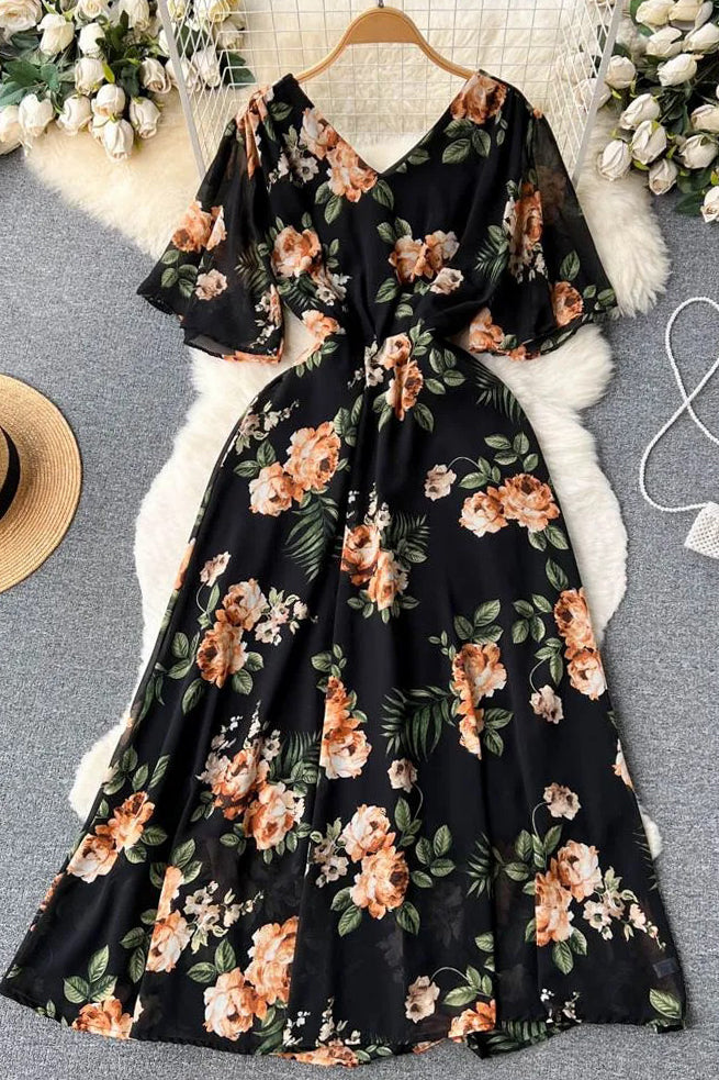 Romantic Floral Print Long Chiffon Dress