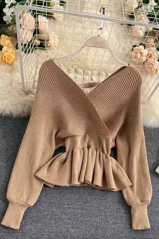 Elegant V-neck Ruffled Knitted Pullover Sweater Tops Shirt