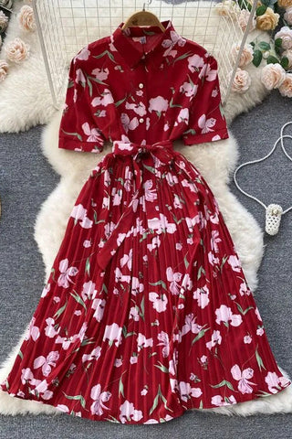 Elegant Dress Floral Print Pleated Long Dress Ladies Party Dress