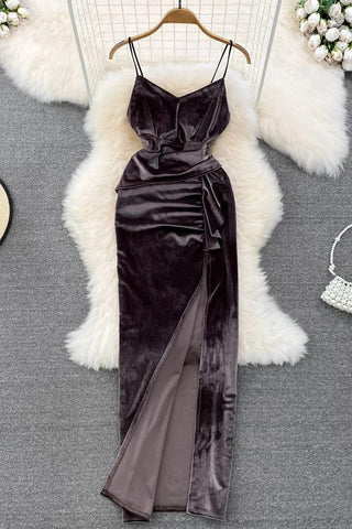 Elegant Velvet Long Dress Retro High Waist Ruffles Split Wrap Hips Bodycon Dress