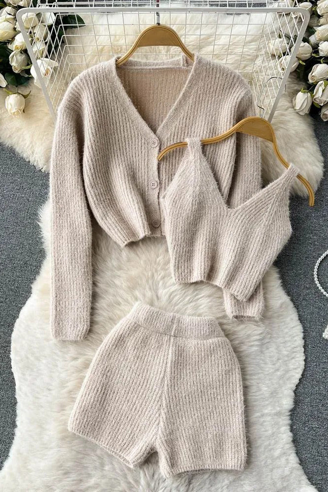Three Piece Shorts Sets Crop Tops + Cardigans + Shorts Female Knitted Suit Three-Piece