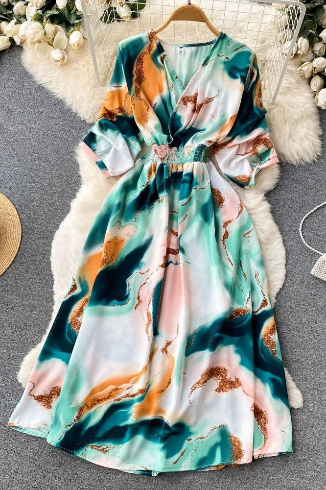 Robe longue imprimée taille fine, robe de plage pour les vacances