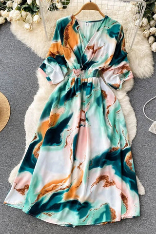 Print Slim Waist Long Dress Vacation Beach Robe Dress