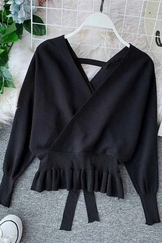 Elegant V Neck Ruffle Sweater Pullover Jumper Knitted Ladies Office Sweater