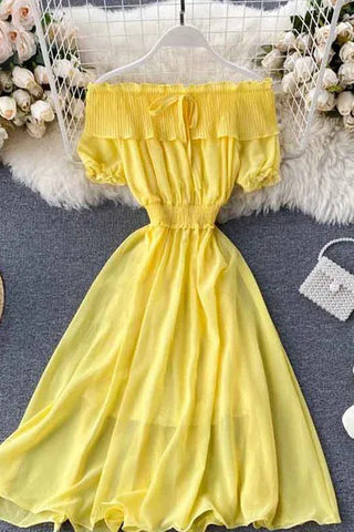 Off Shoulder Chiffon Dress Solid Vestidos Short Puff Sleeve Ruffles Holiday Dress