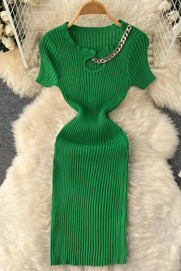 Hollow Out Elastic Mini Dress Chains O-neck Knitted Dress